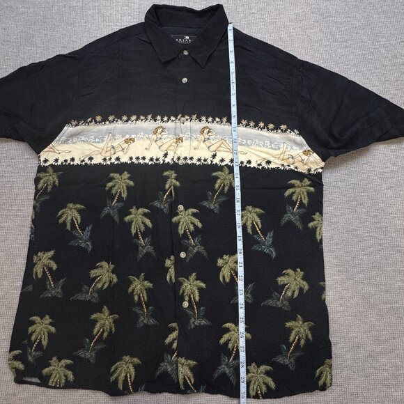 Vintage Consensus Sportswear Hawaiian Shirt Size L Black Palm Tree Pin-Up Girl - Picture 10 of 13